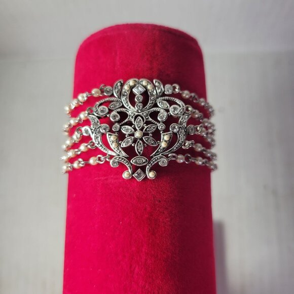 Monet Jewelry - Vintage Monet Classic Elegant Pearl & Rhinestone Multi-Strand Floral Bracelet